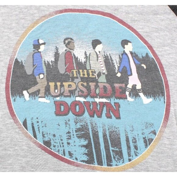 Stranger Things Raglan Sleeve Baseball Tee With "The Upside Down" Graphic Gray/B - Picture 2 of 6
